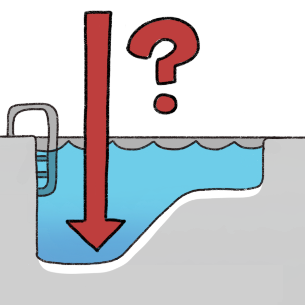 a pool pictured from the side, with a question mark and a red arrow pointing to the bottom of the pool drawn on the deep end.